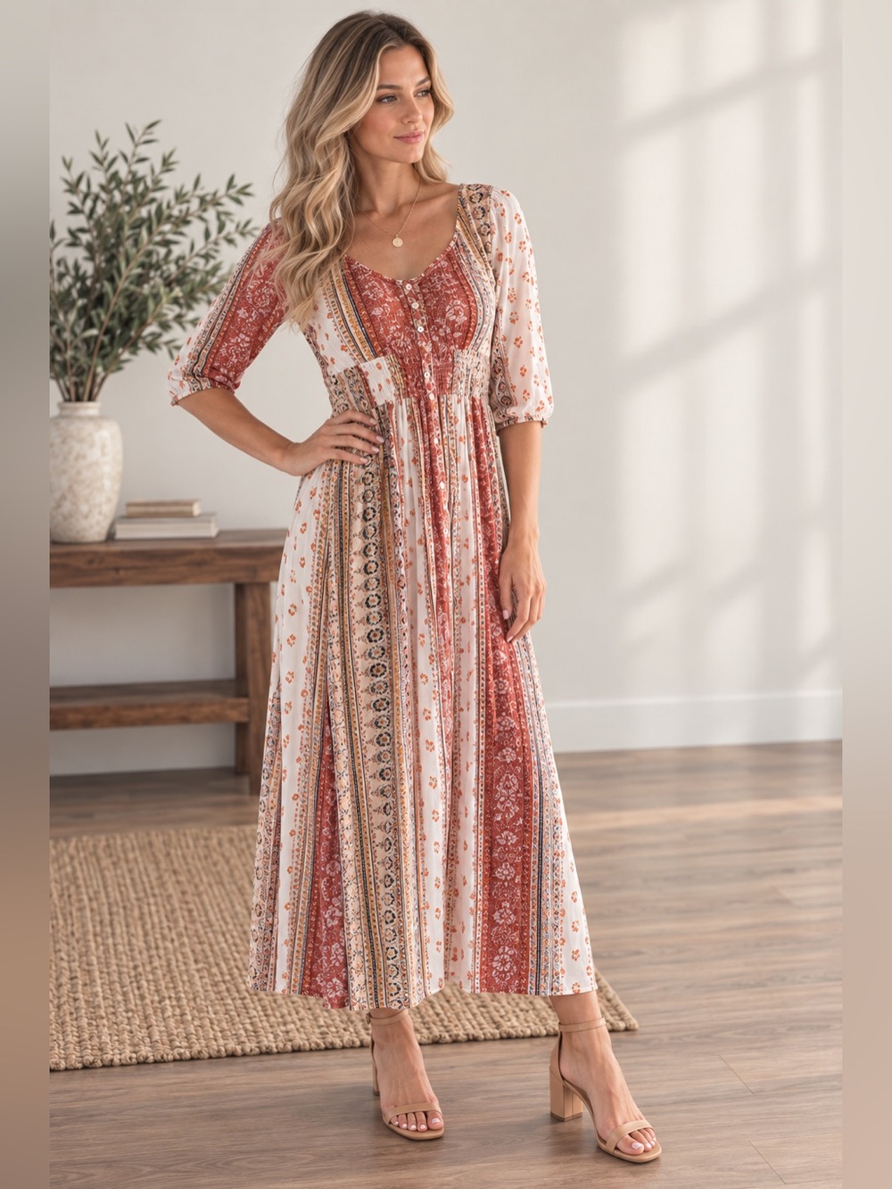 Boho Stripe Floral Maxi Dress in Rust and White